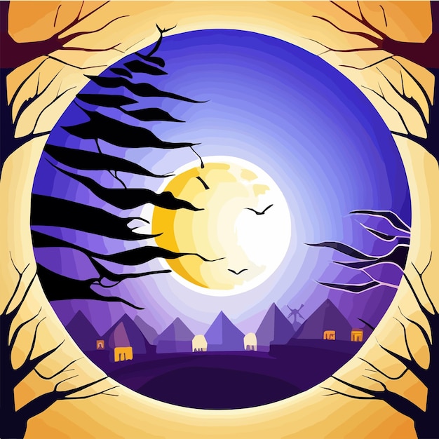 Vector beautiful forest silhouette with trees and full moon in a circle with gradient color halloween