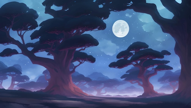 Bella foresta con grandi alberi secolari durante la notte con l'illustrazione disegnata a mano dettagliata della pittura della luna