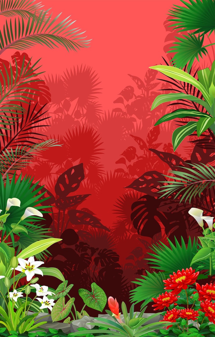 Vector 美しい森と熱帯の植物と花の背景