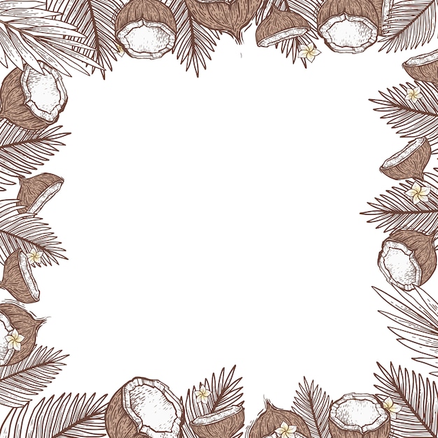Красивая рамка с кокосом. кокосовые и пальмовые листья в стиле гравировки. пустая рамка