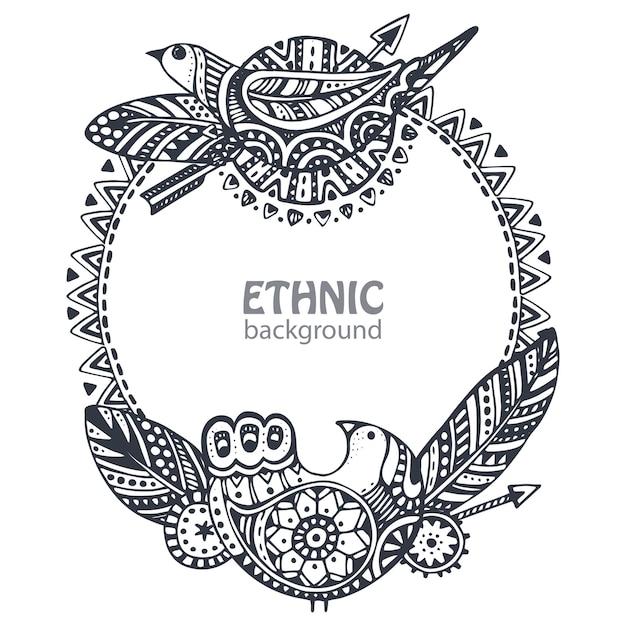 Vector beautiful frame with hand drawn ethnic elements, birds, arrows, feathers.