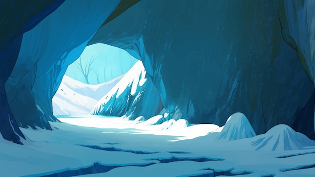 숲속의 죽은 나무를 볼 수 있는 눈으로 가득한 아름다운 얼어붙은 동굴 풍경 손으로 그린 그림 삽화