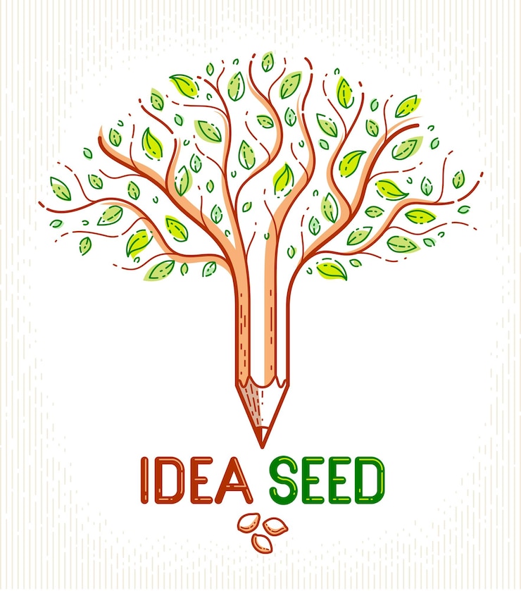 Vector beautiful fruit apple tree with pencil combined into a symbol, idea seed concept vector classic style logo or icon. strong thoughts virus idea allegory.