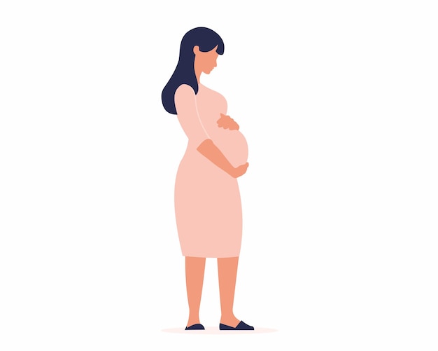 Beautiful future mom standing and holding her pregnant belly Flat vector illustration