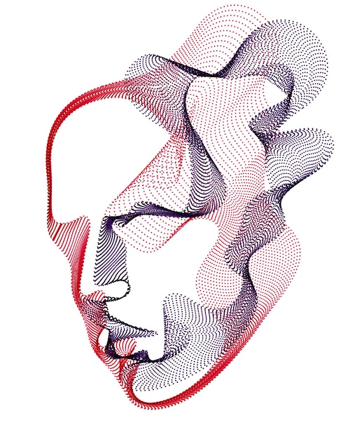 Красивая футуристическая иллюстрация человеческой головы, сделанная из точечного массива потока частиц, волнистых форм, линий, векторной электронной души футуристических умных машин.