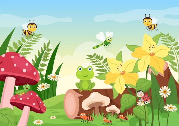 Красивая садовая мультяшная фоновая иллюстрация с пейзажем Природа различных животных и растений