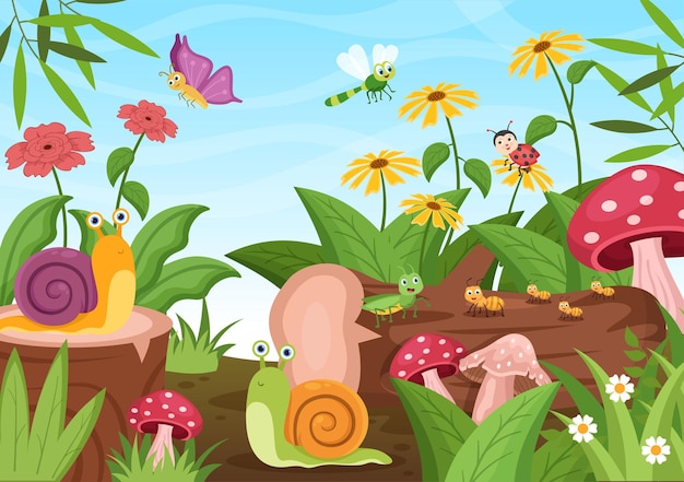 Bellissimo giardino cartone animato sfondo illustrazione con scenario natura di vari animali e piante