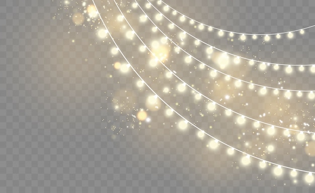 Beautiful garland string with illuminated lightbulbs. Bokeh light effect.