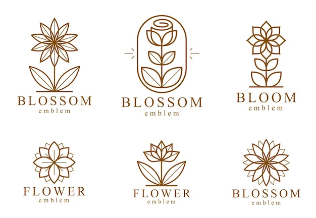 美しい幾何学的な花のロゴ ベクトルの線形デザイン セット、神聖な幾何学の線画のエンブレムやシンボルのコレクション、開花の花のホテルやブティック、ジュエリーのロゴタイプ.