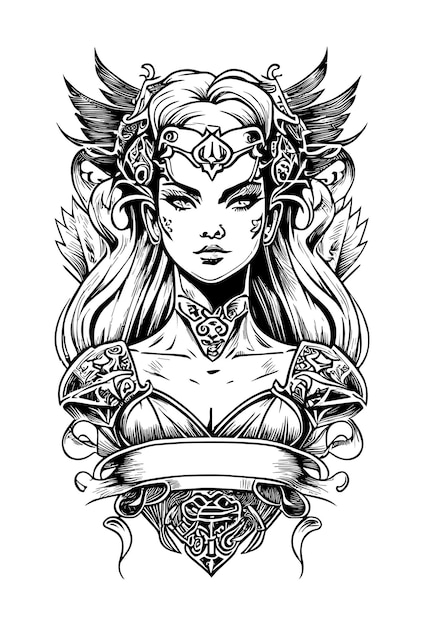 Beautiful girl angel black and white hand drawn illustration