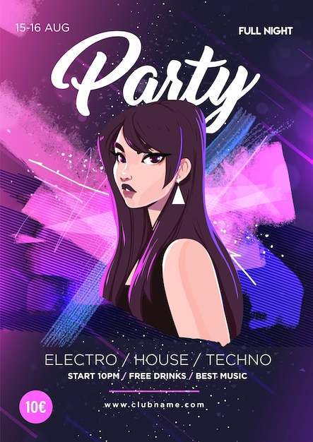 Vector beautiful girl on the background of abstract color spots dance club night party poster