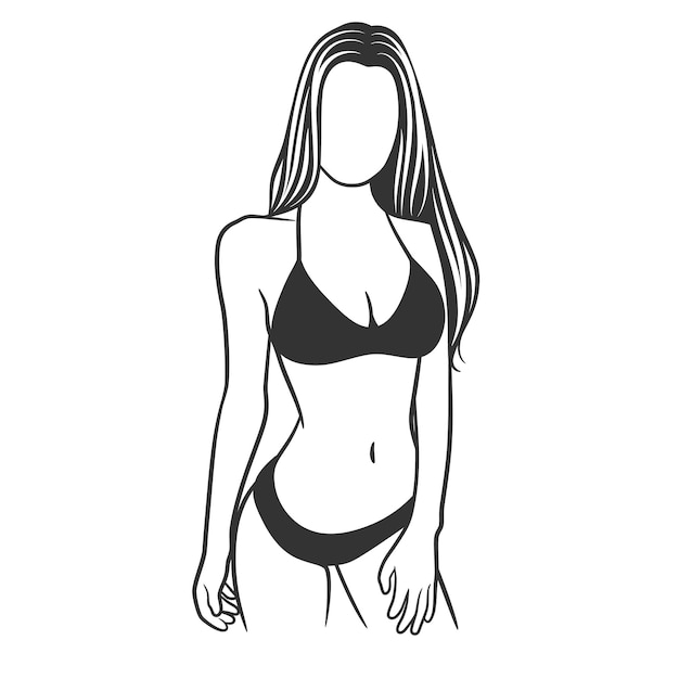 Красивая девушка в бикини черно-белый рисунок Красивая пышная женщина тела линии искусства иллюстрации
