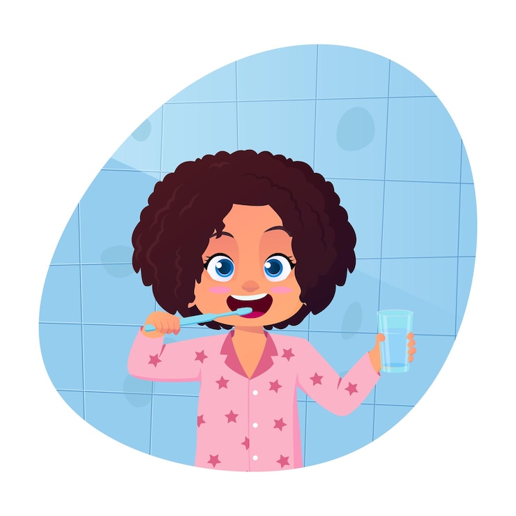 Vector beautiful girl brushing tooth in bathroom illustration
