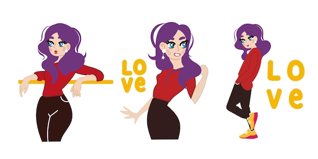Beautiful girl Cartoon colored purple haired girl Vector illustration