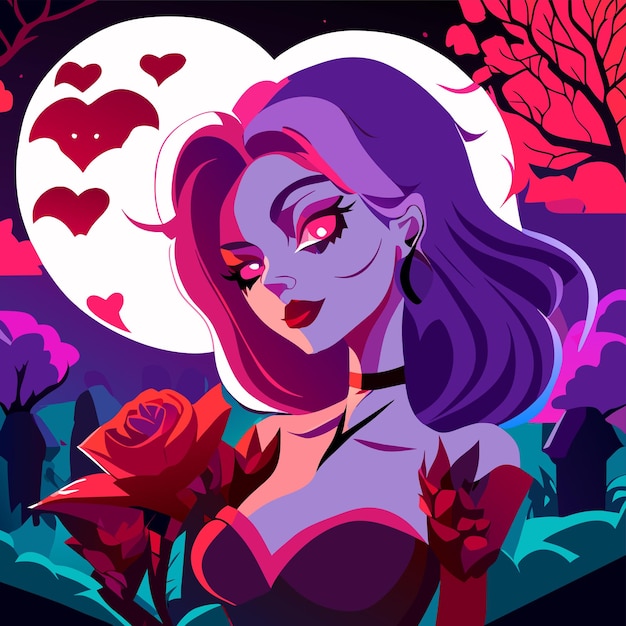 Vector beautiful girl cartoon graveyard holding glowing colorful heart eyes glowing