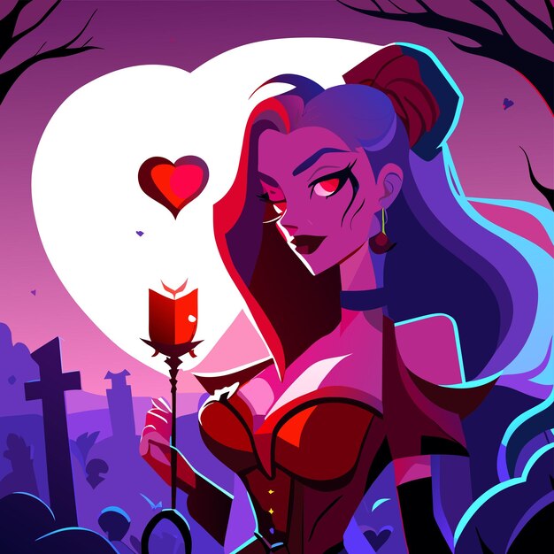 Vector beautiful girl cartoon graveyard holding a glowing colorful heart eyes glowing