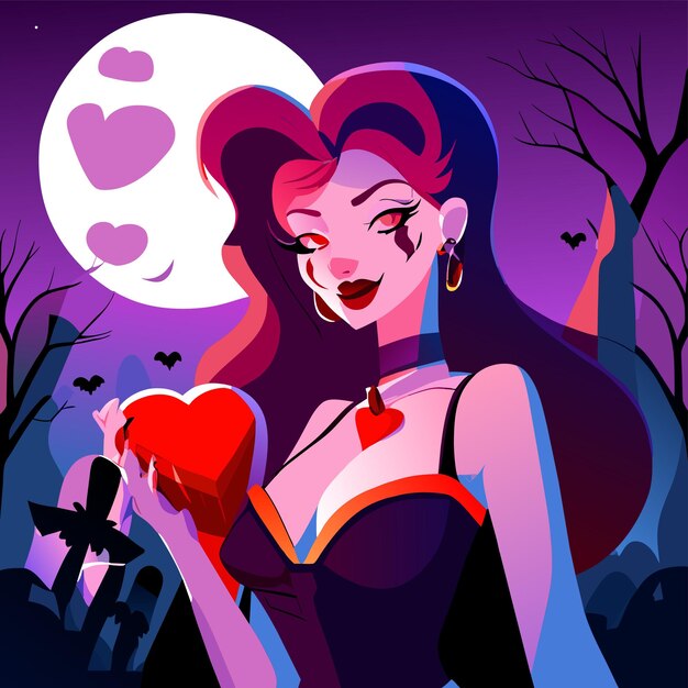 Vector beautiful girl cartoon graveyard holding glowing colorful heart eyes glowing