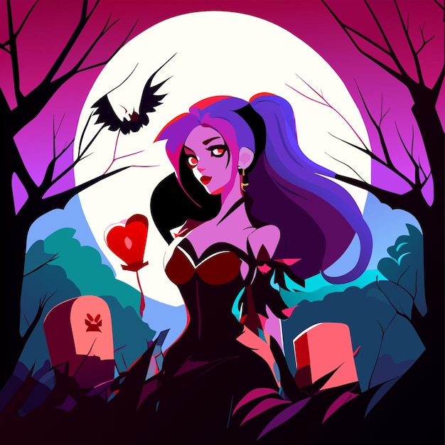 Vector beautiful girl cartoon graveyard holding glowing colorful heart eyes glowing