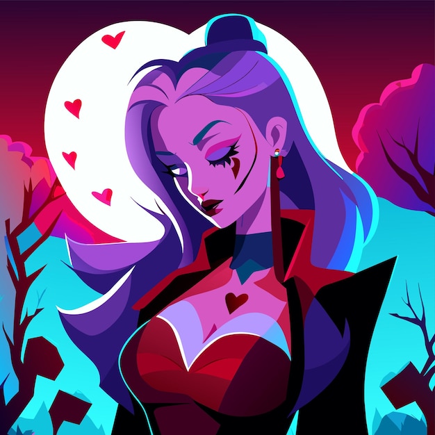 Vector beautiful girl cartoon graveyard holding glowing colorful heart eyes glowing