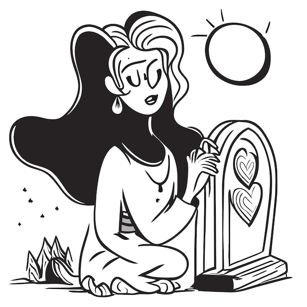 Beautiful girl cartoon graveyard holding glowing colorful heart eyes glowing