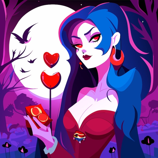 Vector beautiful girl cartoon graveyard holding glowing colorful heart eyes glowing