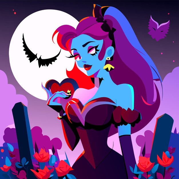 Beautiful girl cartoon graveyard holding glowing colorful heart eyes glowing