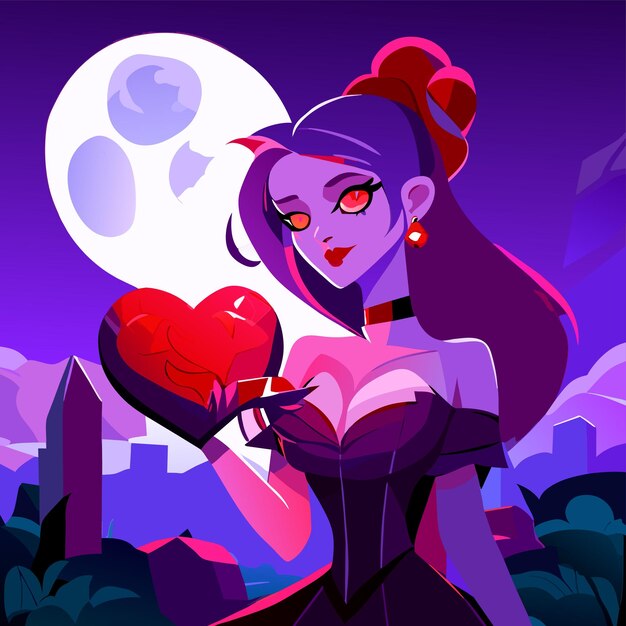 Vector beautiful girl cartoon graveyard holding glowing colorful heart eyes glowing