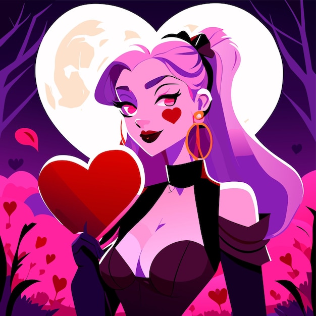 Vector beautiful girl cartoon graveyard holding glowing colorful heart eyes glowing