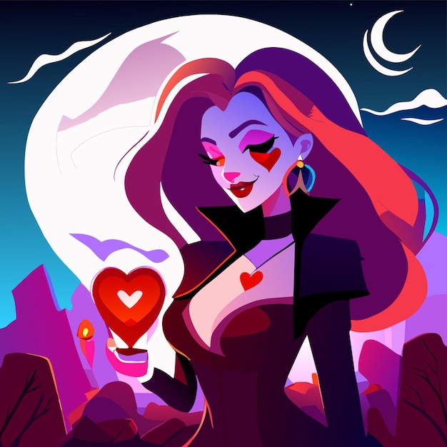Vector beautiful girl cartoon graveyard holding a glowing colorful heart eyes glowing