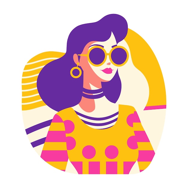 Beautiful Girl Character Wearing Sunglasses Fashion in Retro Style with Memphis Decoration