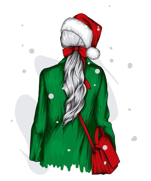 Vector beautiful girl in christmas clothes and hat of santa claus new year and fashion