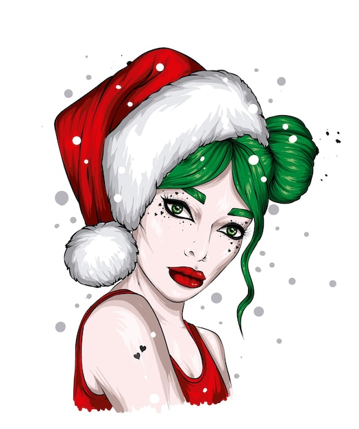 Vector beautiful girl in christmas clothes and hat of santa claus new year and fashion