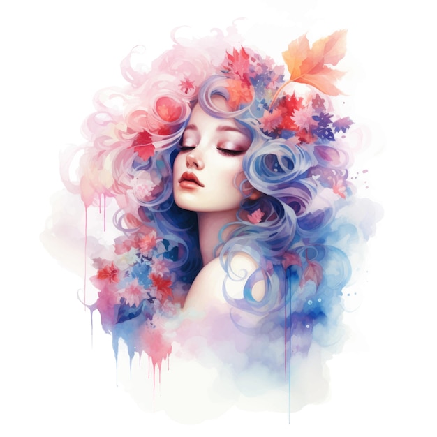 Beautiful girl and colorful watercolor splashes Watercolor vector illustration