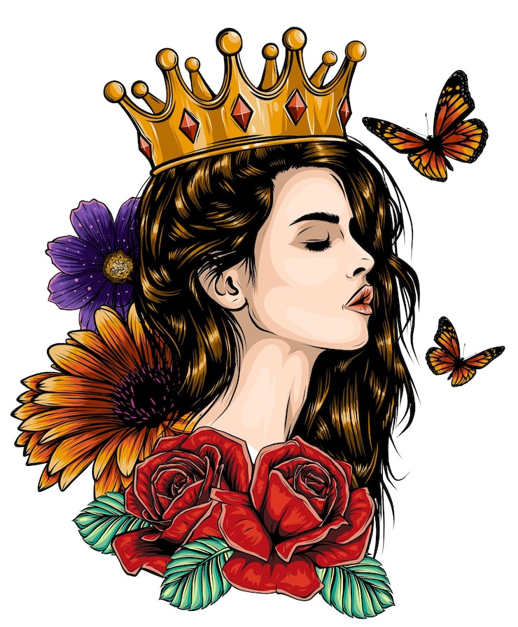 Vector beautiful girl in crown girl with long hair vector illustration