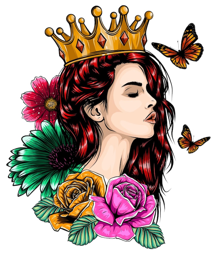 Vector beautiful girl in crown girl with long hair vector illustration