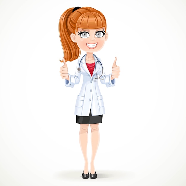 Beautiful girl doctor in a white medical coat shows gesture thum