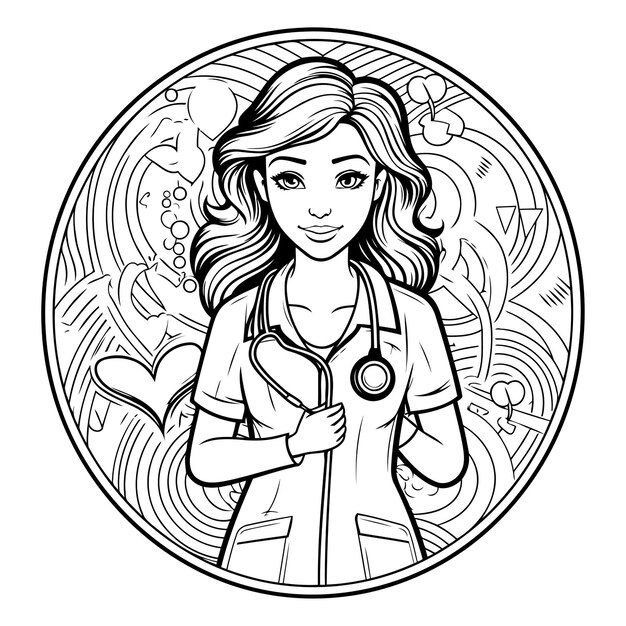 Beautiful girl doctor with stethoscope in doodle style