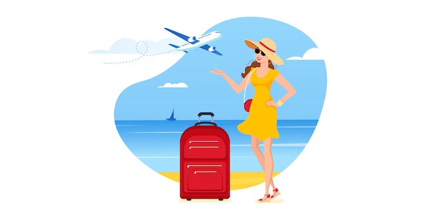 Vector beautiful girl in a dress and sunglasses stands with baggage