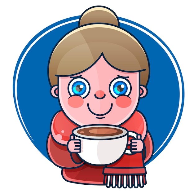 ホットコーヒーやお茶を飲む美しい少女。ベクター