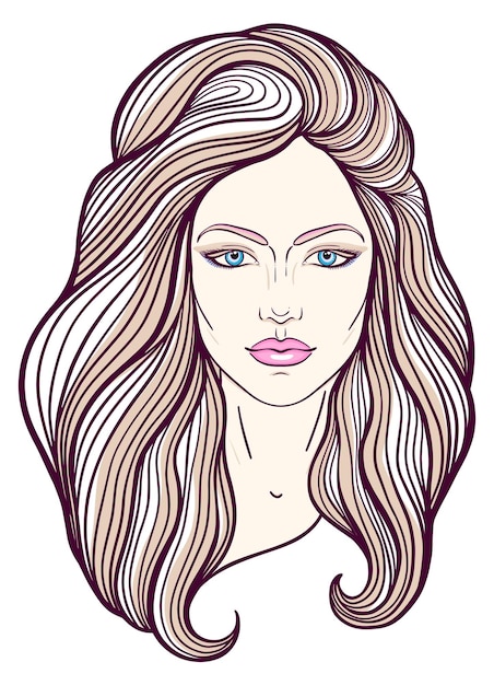 Vector beautiful girl face with long hair and neutral expression hand drawn woman portrait