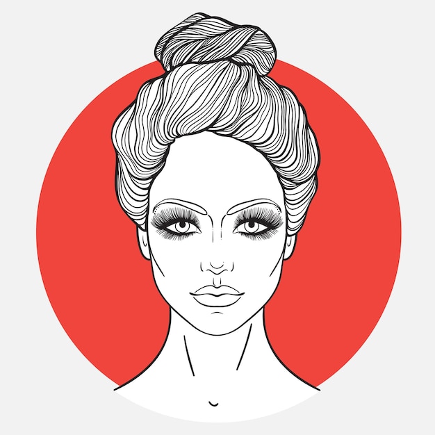 Beautiful girl face with top knot hair style make up and neutral expression