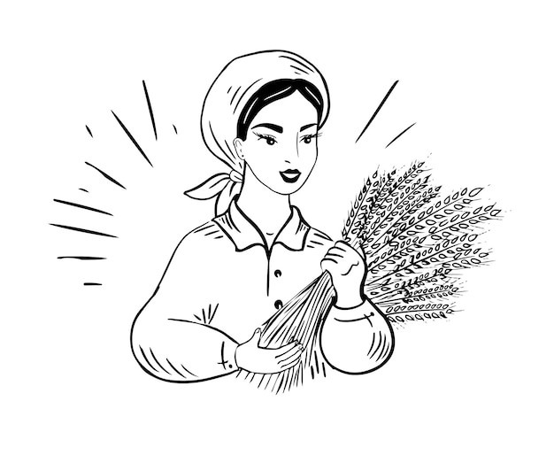 A beautiful girl farmer holds ears of wheat in her handsAgriculture conceptVector illustration