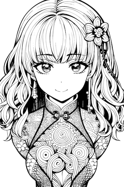 A beautiful girl featuring decorations and costumes doodle coloring book Vector illustration