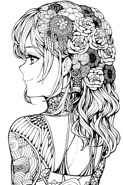 A beautiful girl featuring decorations and costumes doodle coloring book Vector illustration