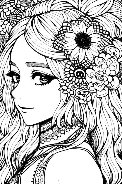 A beautiful girl featuring decorations and costumes doodle coloring book Vector illustration