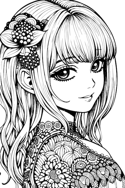 A beautiful girl featuring decorations and costumes doodle coloring book Vector illustration