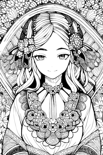 A beautiful girl featuring decorations and costumes doodle coloring book Vector illustration