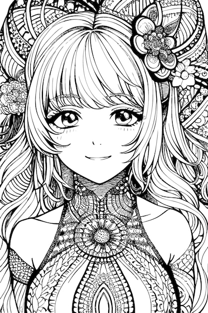 A beautiful girl featuring decorations and costumes doodle coloring book Vector illustration