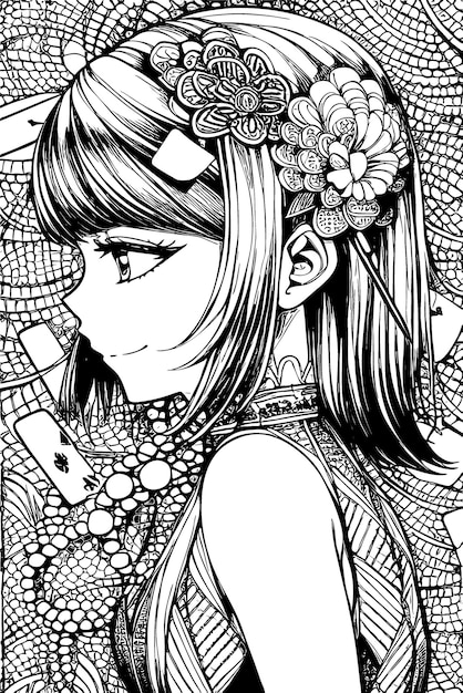 A beautiful girl featuring decorations and costumes doodle coloring book Vector illustration