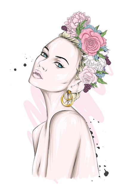 Vector beautiful girl in a flower wreath